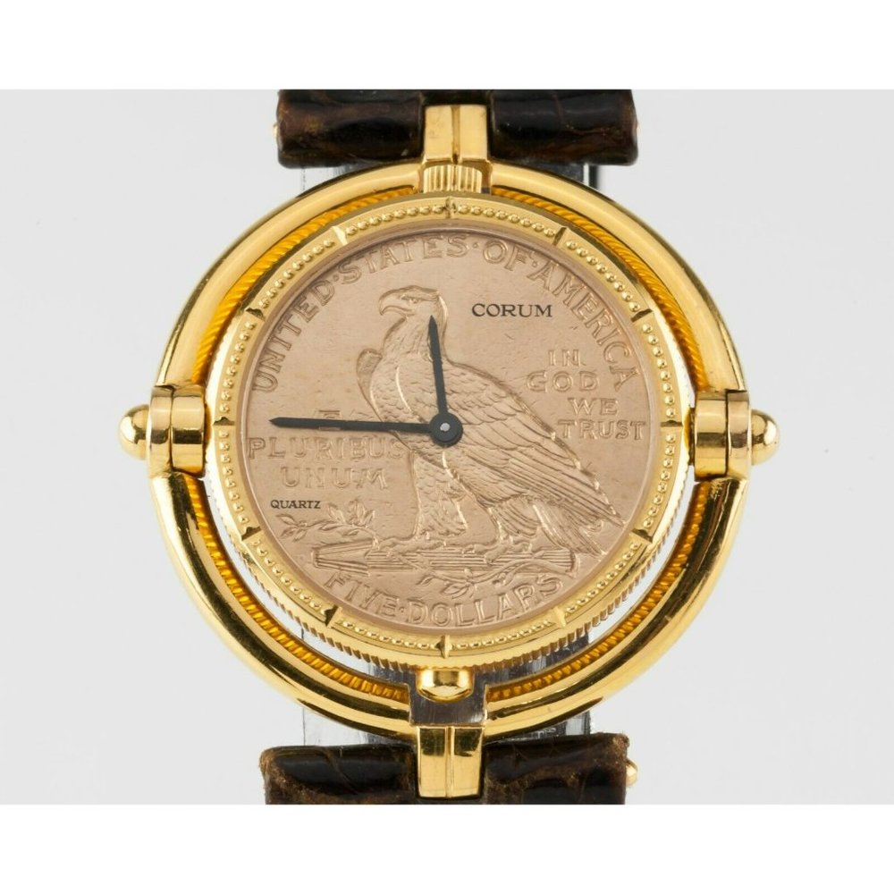 Corum 18k Yellow Gold $5 Half Eagle Quartz Coin Watch w/ Rotating Bezel